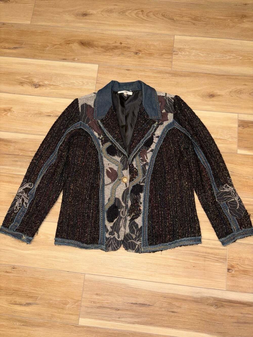TravelSmith Women's Denim and Tweed Applique Embroidered Floral Jacket Blazer XL
